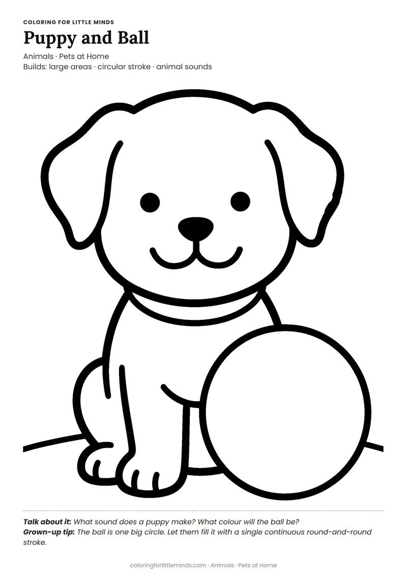 Puppy coloring page for ages 3–4 — free full-size printable PDF