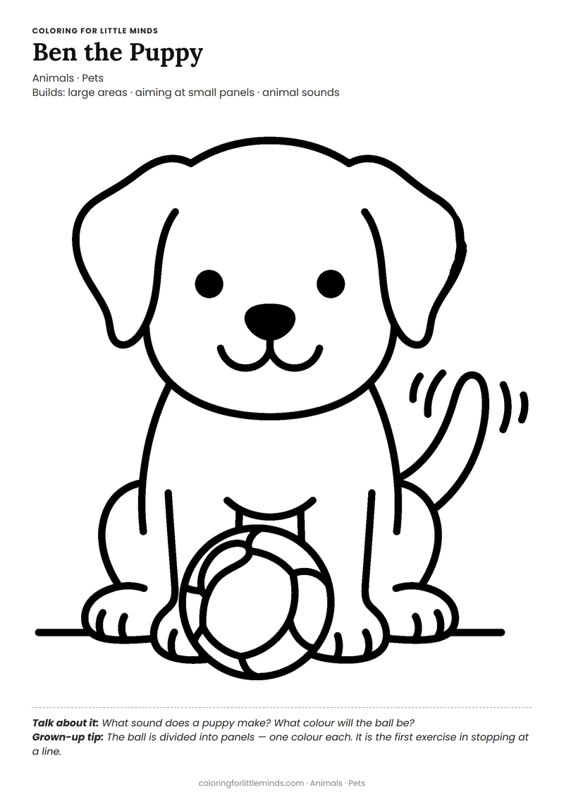 Puppy coloring page for ages 3–4 — free full-size printable PDF
