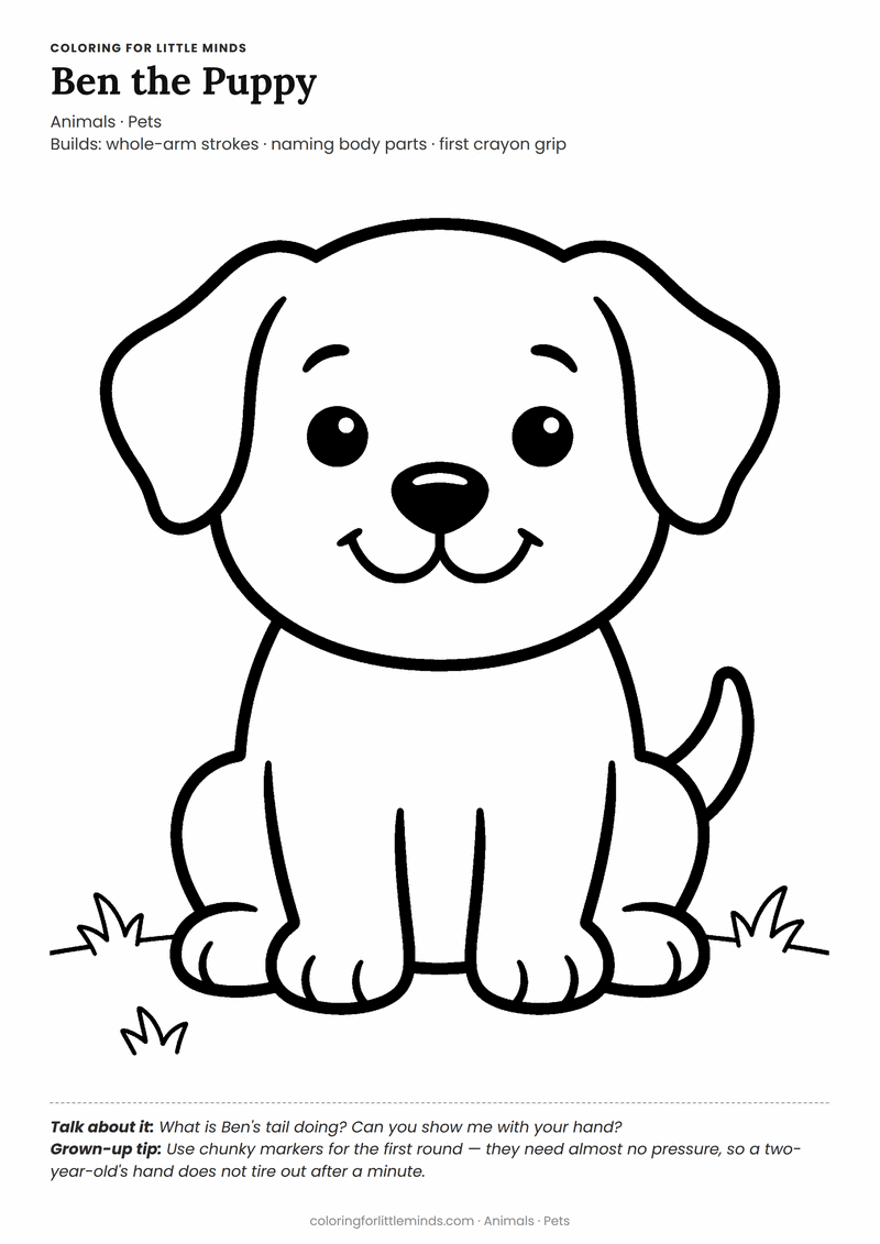 Puppy coloring page for ages 2–3 — free printable preview