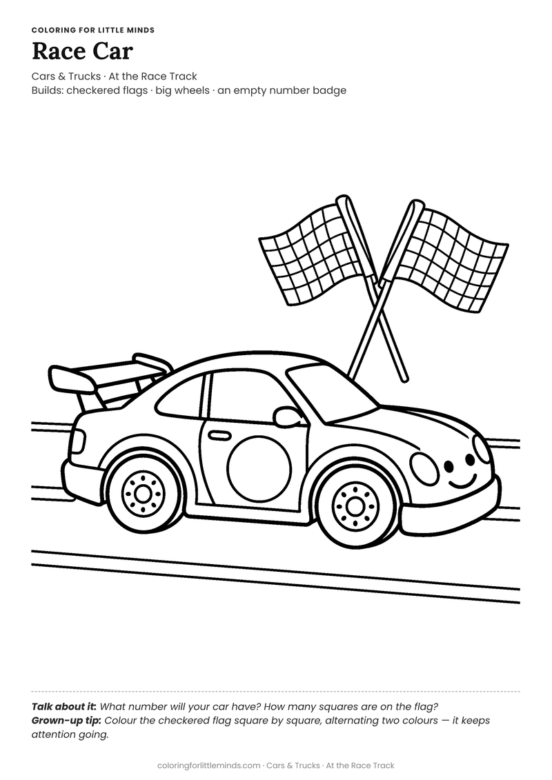 Race car coloring page for ages 5–6 — free full-size printable PDF
