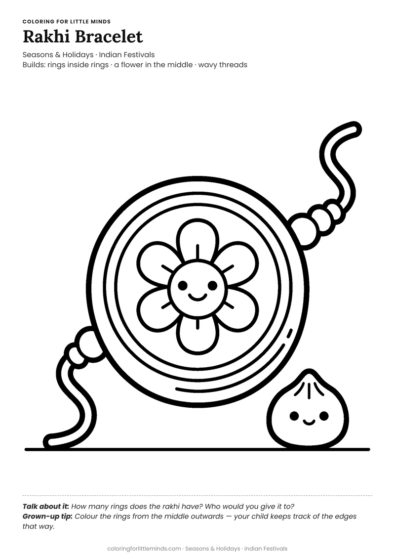 Rakhi bracelet coloring page for ages 3–4 — free full-size printable PDF