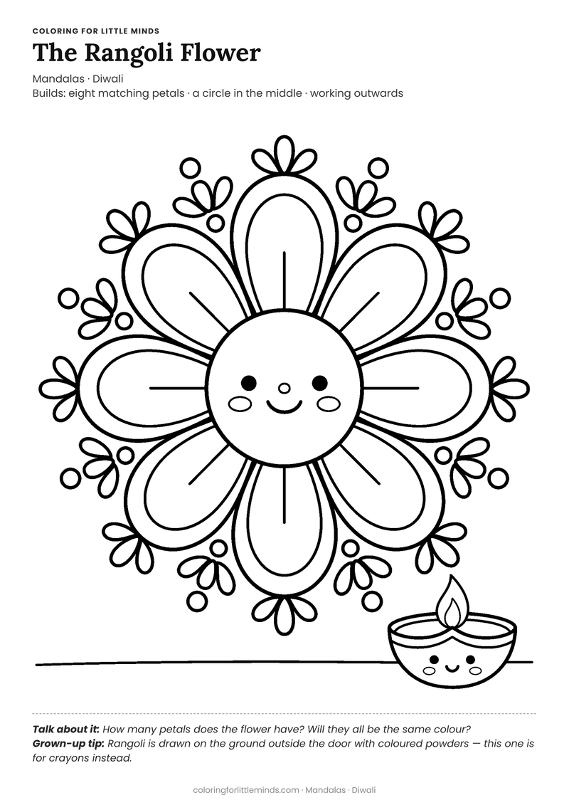 Rangoli flower coloring page for ages 3–4 — free full-size printable PDF