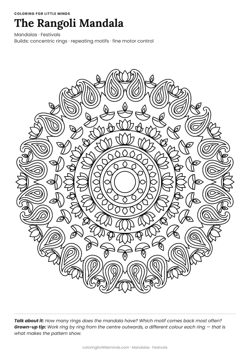 Rangoli coloring page for ages 6–8 — free full-size printable PDF