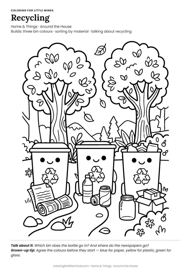 Recycling coloring page for ages 5–6 — free full-size printable PDF