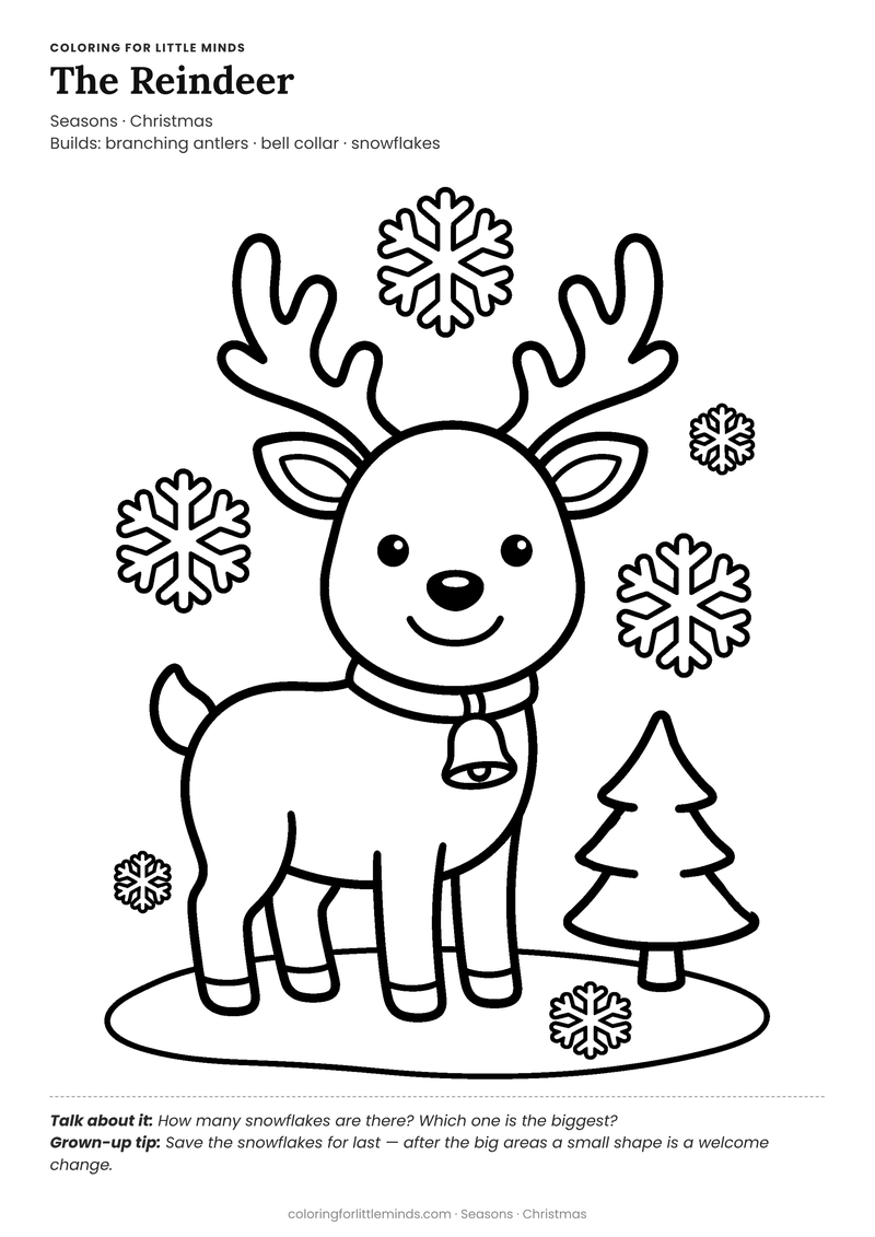 Reindeer coloring page for ages 4–5 — free full-size printable PDF