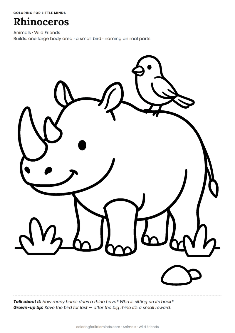 Rhinoceros coloring page for ages 4–5 — free full-size printable PDF