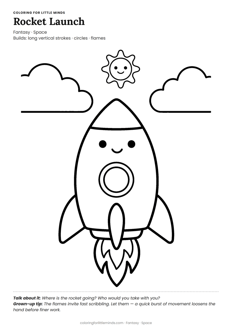 Rocket coloring page for ages 3–4 — free full-size printable PDF
