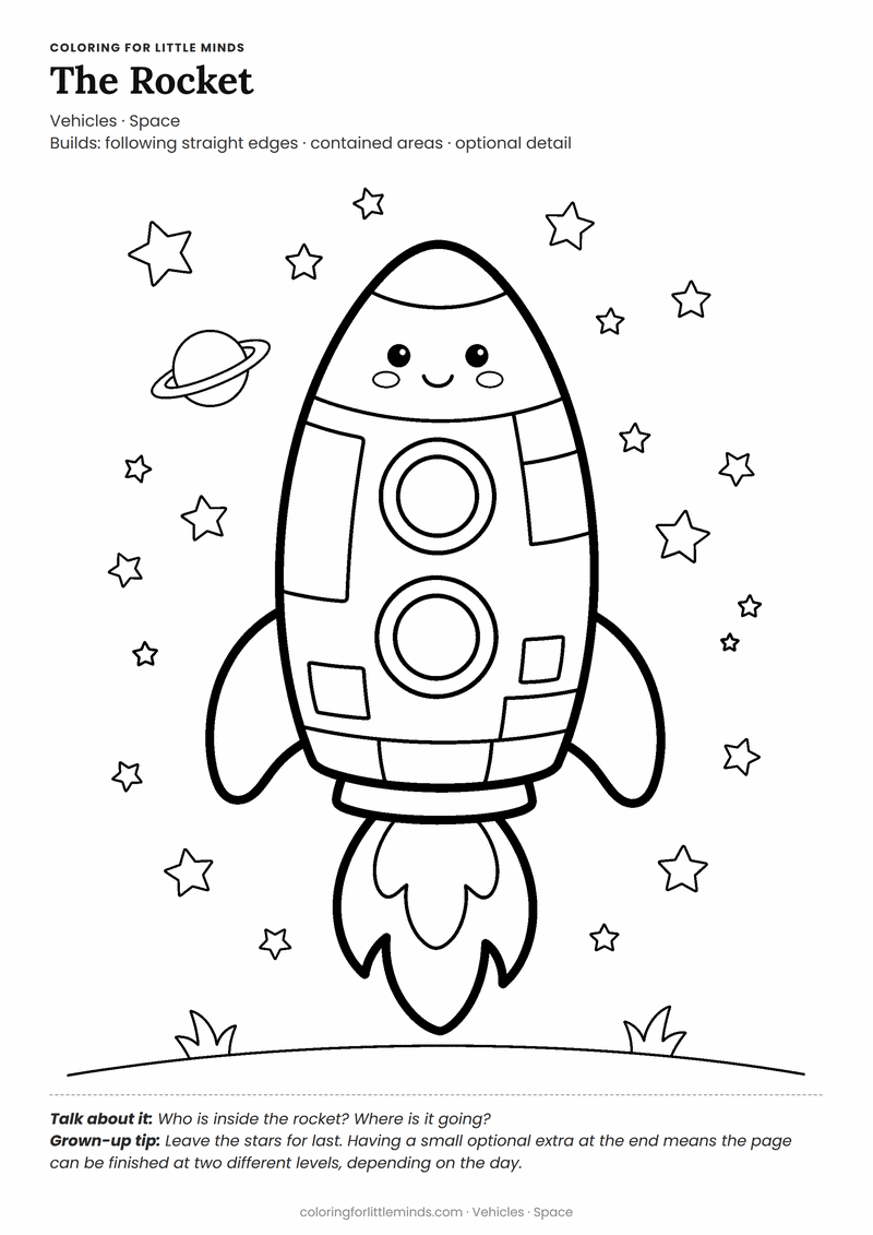 Rocket coloring page for ages 5–6 — free printable preview