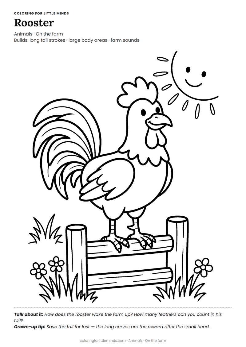 Rooster coloring page for ages 4–5 — free full-size printable PDF