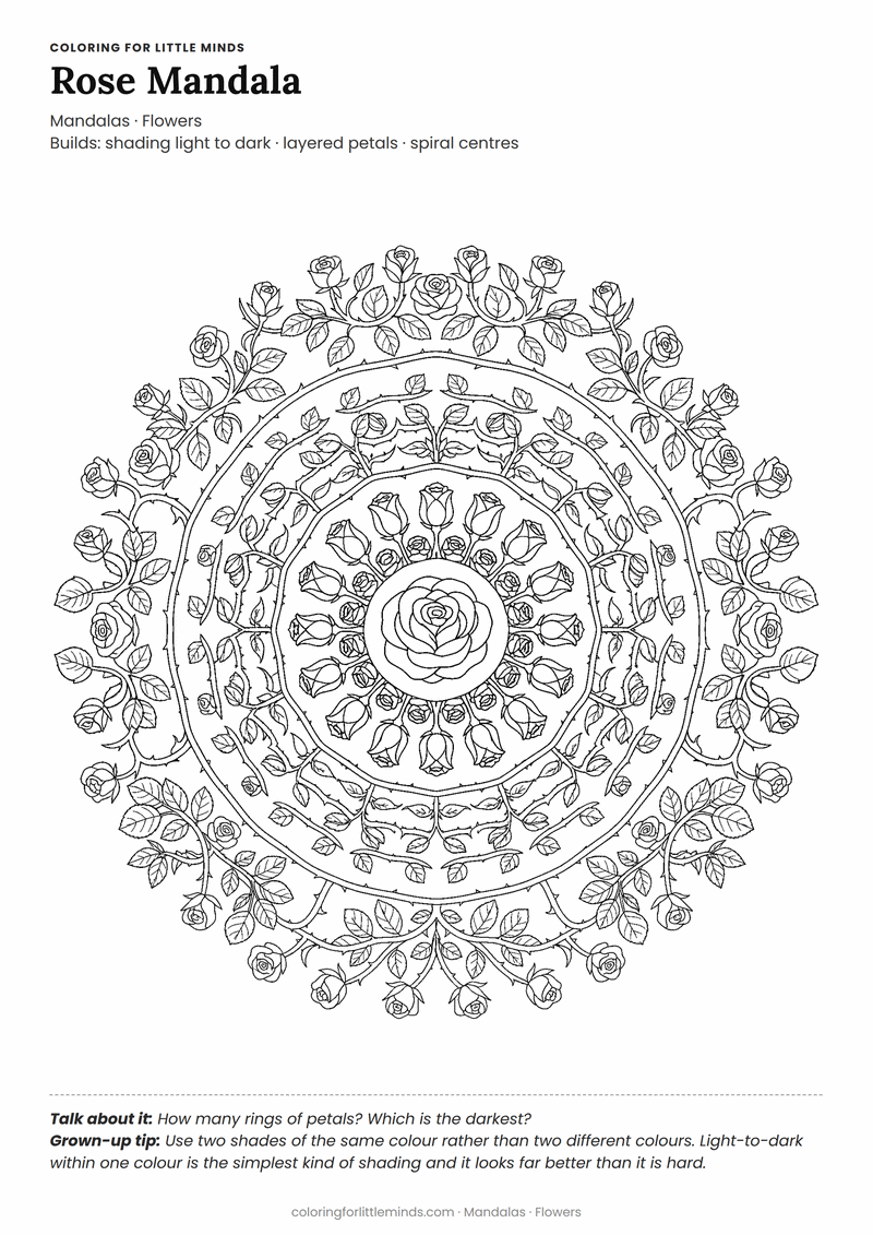 Rose mandala coloring page for ages 6–8 — free printable preview