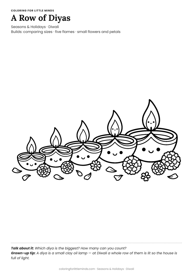 Row of diyas coloring page for ages 5–6 — free full-size printable PDF