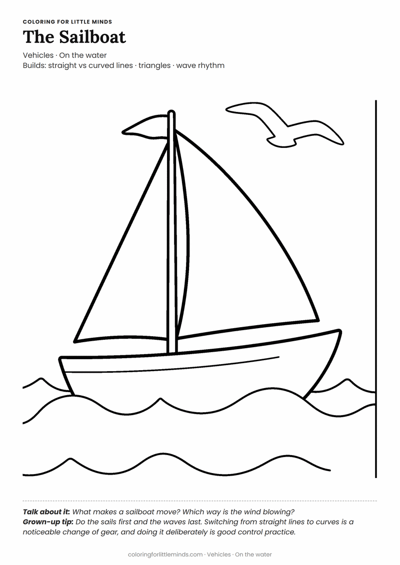Sailboat coloring page for ages 4–5 — free printable preview