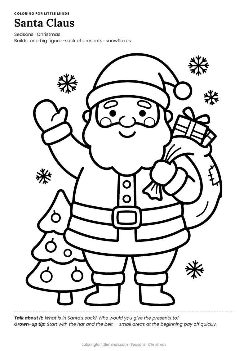 Santa coloring page for ages 4–5 — free full-size printable PDF