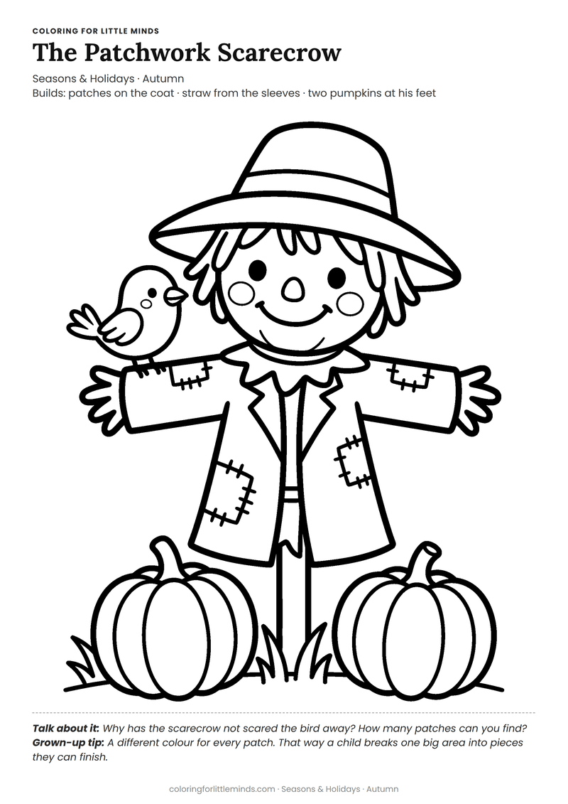 Scarecrow coloring page for ages 4–5 — free full-size printable PDF