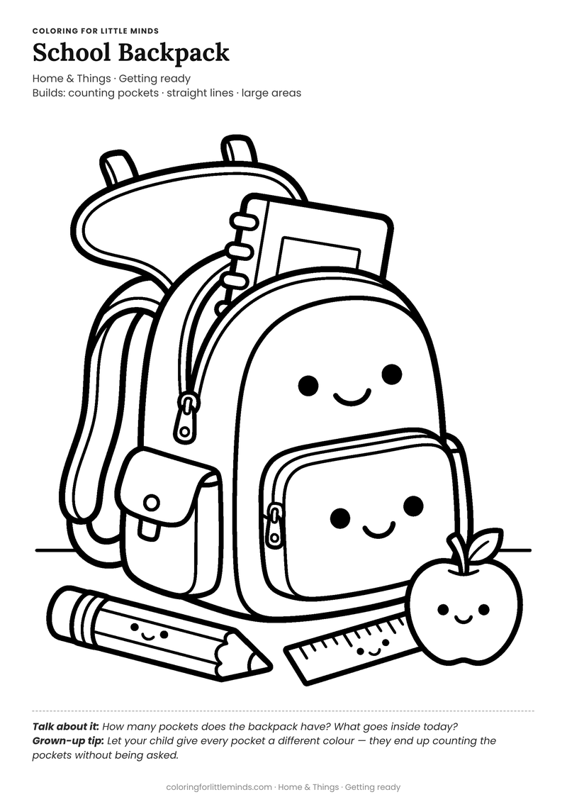 School backpack coloring page for ages 4–5 — free full-size printable PDF