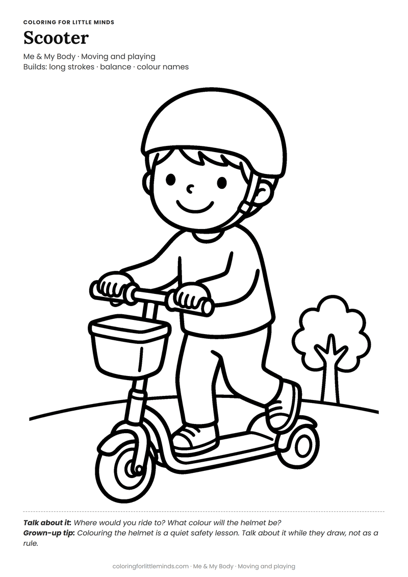 Scooter coloring page for ages 3–4 — free full-size printable PDF