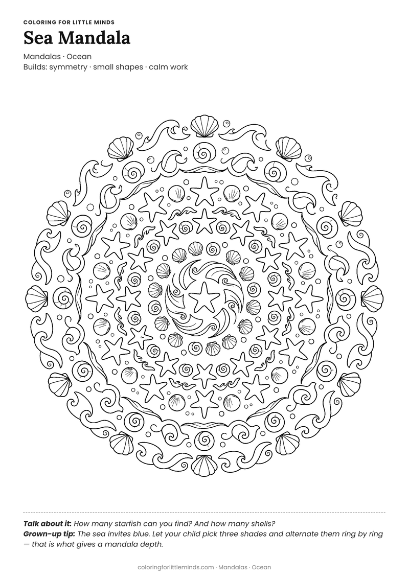 Sea mandala coloring page for ages 6–8 — free full-size printable PDF
