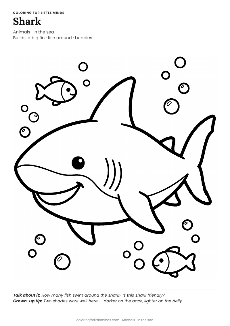 Shark coloring page for ages 5–6 — free full-size printable PDF