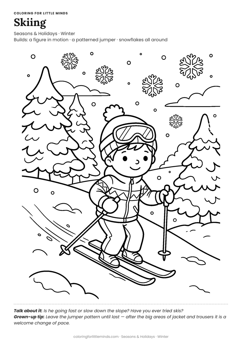 Skiing coloring page for ages 5–6 — free full-size printable PDF