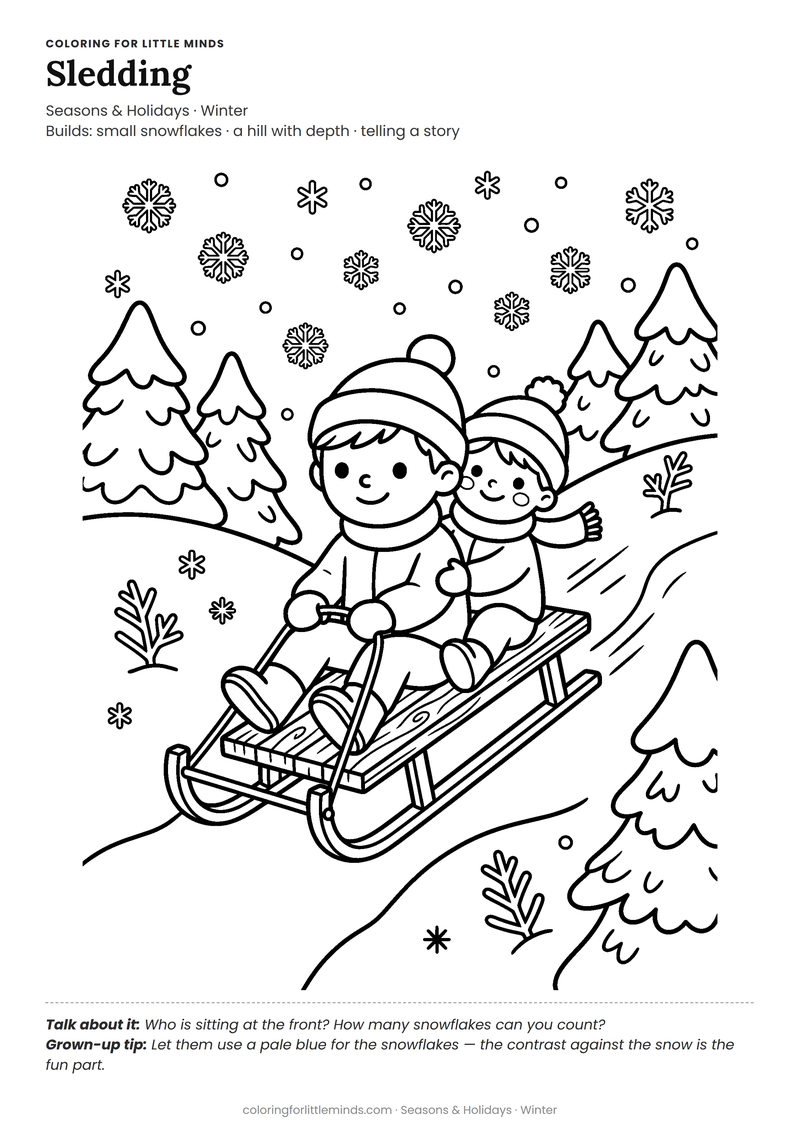 Sledding coloring page for ages 5–6 — free full-size printable PDF