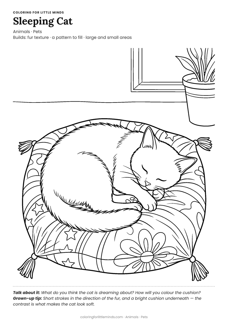 Sleeping cat coloring page for ages 6–8 — free full-size printable PDF