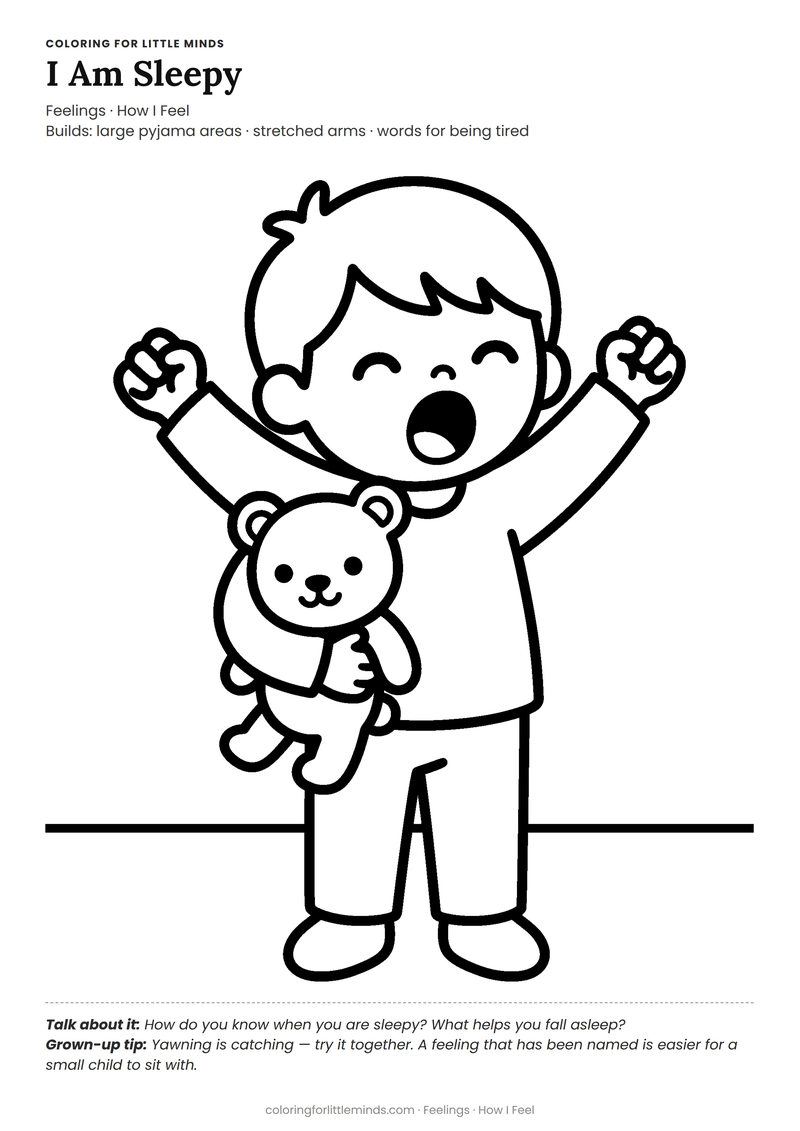Sleepy coloring page for ages 3–4 — free full-size printable PDF