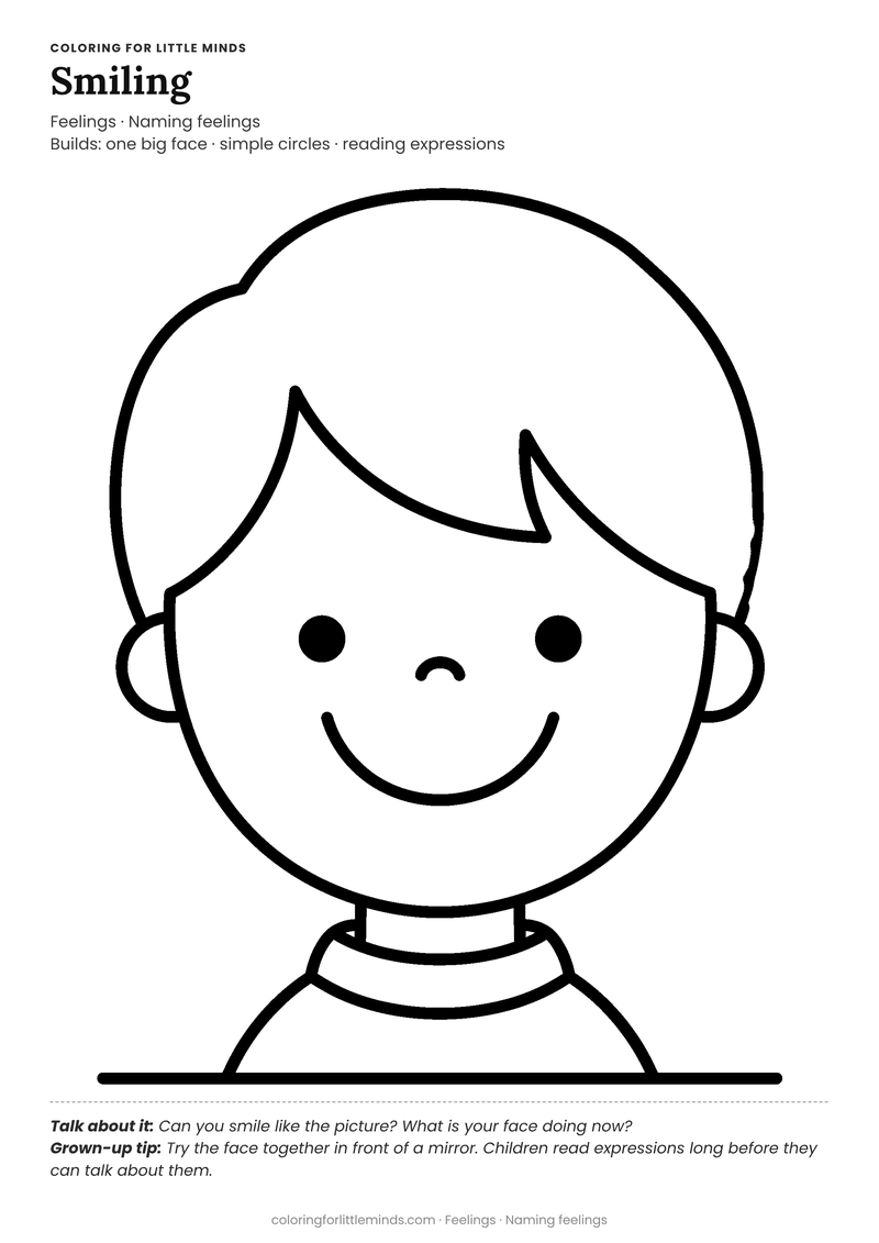 Smiling coloring page for ages 2–3 — free full-size printable PDF