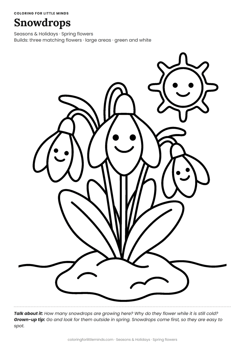 Snowdrop coloring page for ages 3–4 — free full-size printable PDF