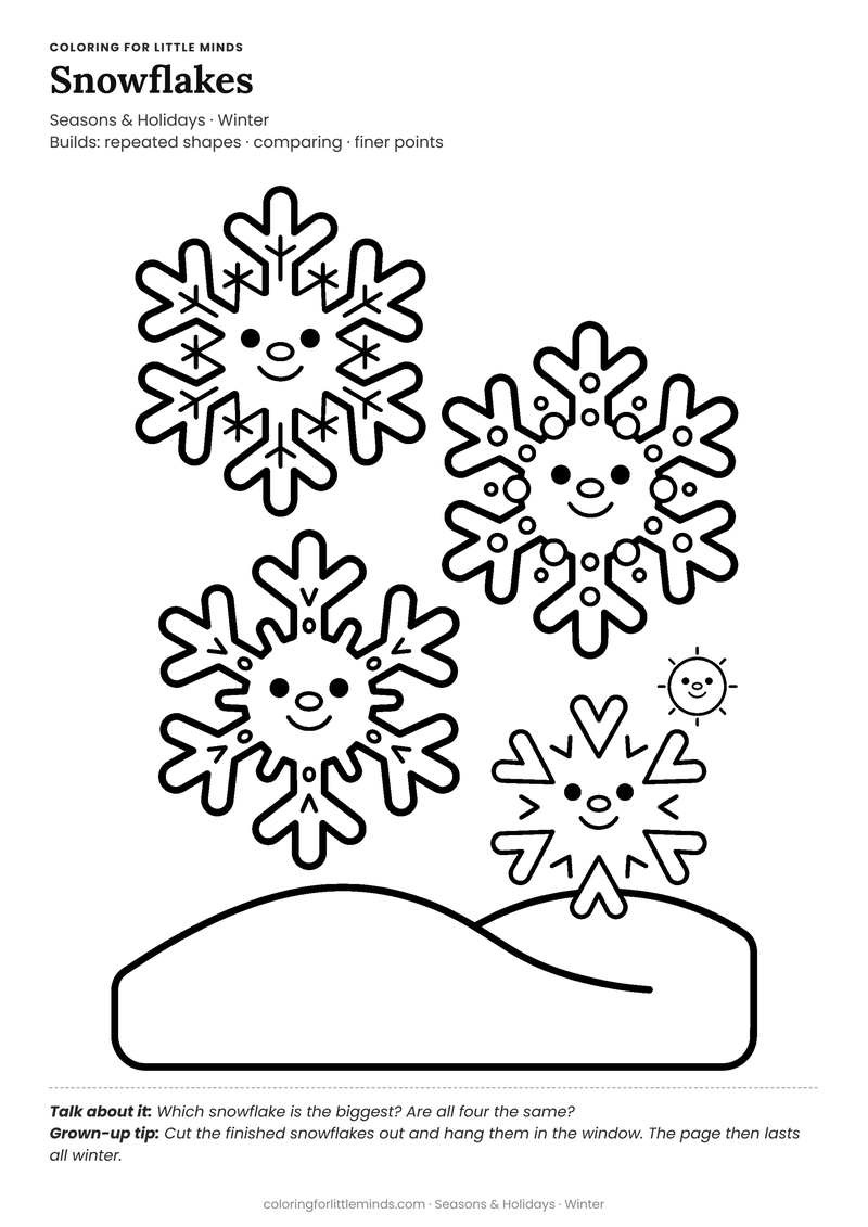 Snowflake coloring page for ages 3–4 — free full-size printable PDF