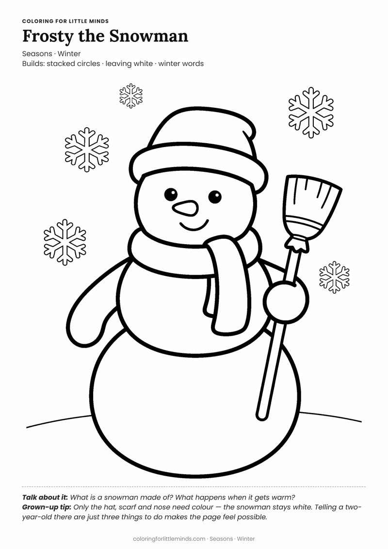 Snowman coloring page for ages 2–3 — free printable preview
