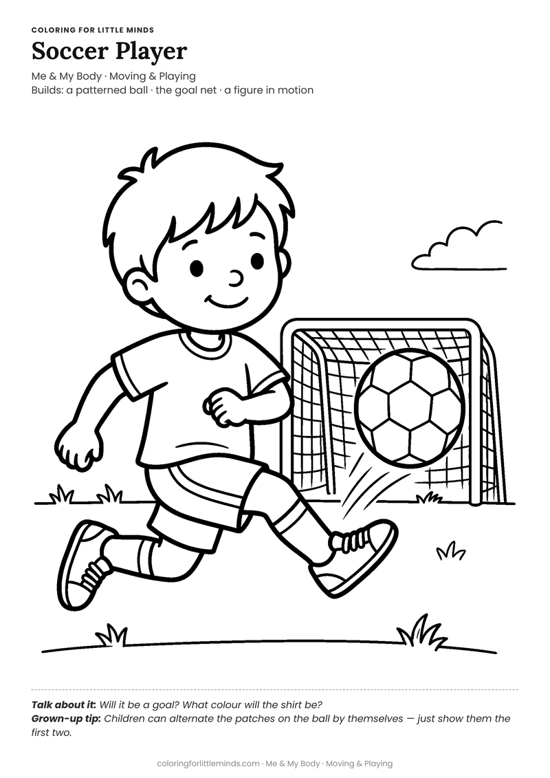 Soccer coloring page for ages 5–6 — free full-size printable PDF