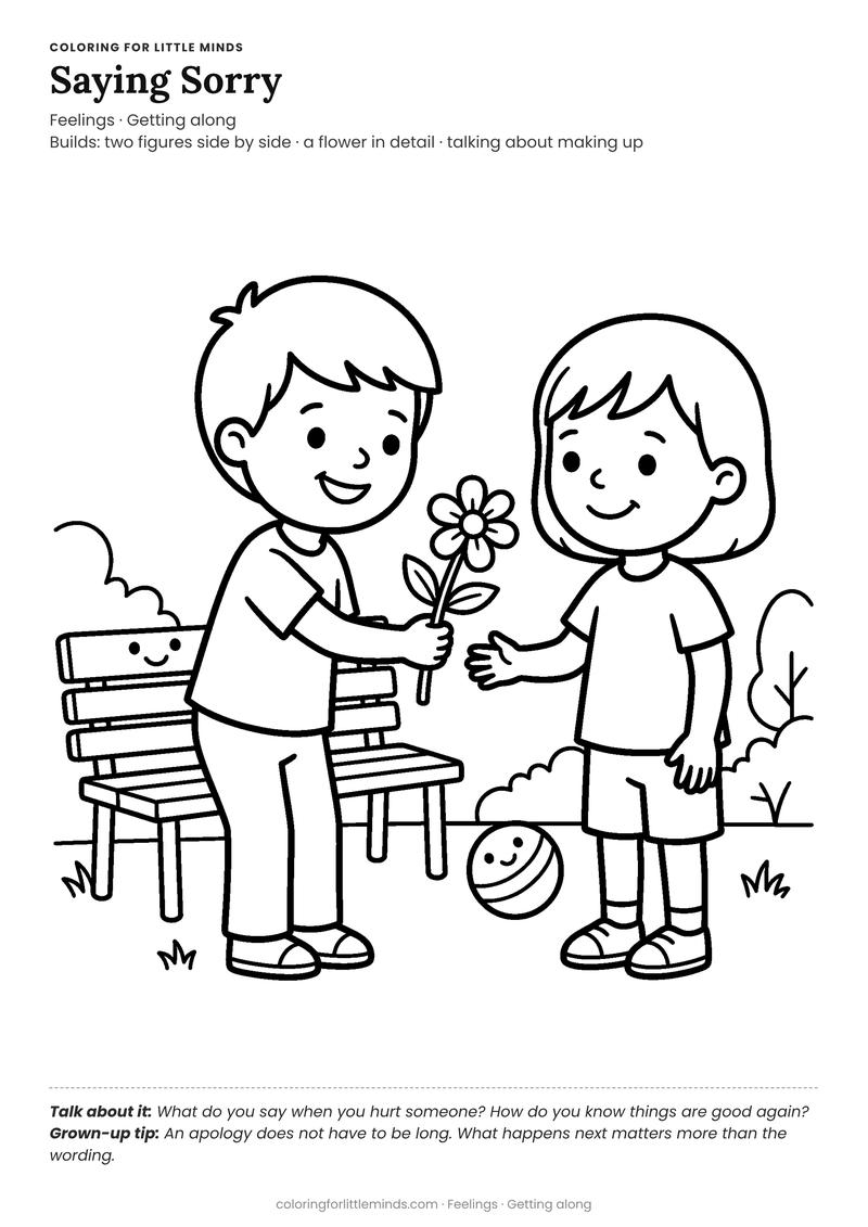 Saying sorry coloring page for ages 5–6 — free full-size printable PDF