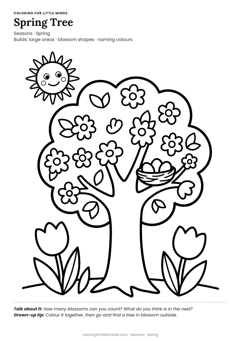 Spring coloring page for ages 3–4 — free full-size printable PDF