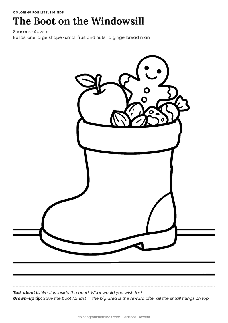 St nicholas boot coloring page for ages 3–4 — free full-size printable PDF