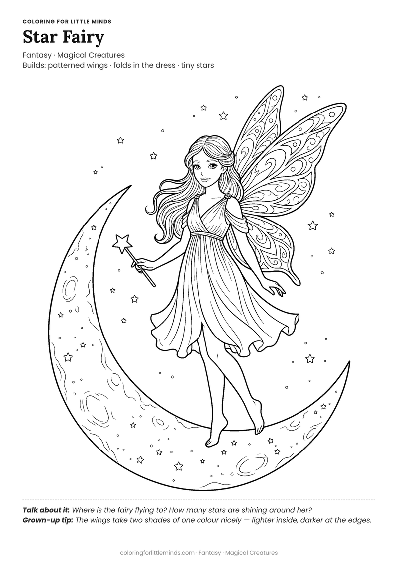 Fairy coloring page for ages 6–8 — free full-size printable PDF