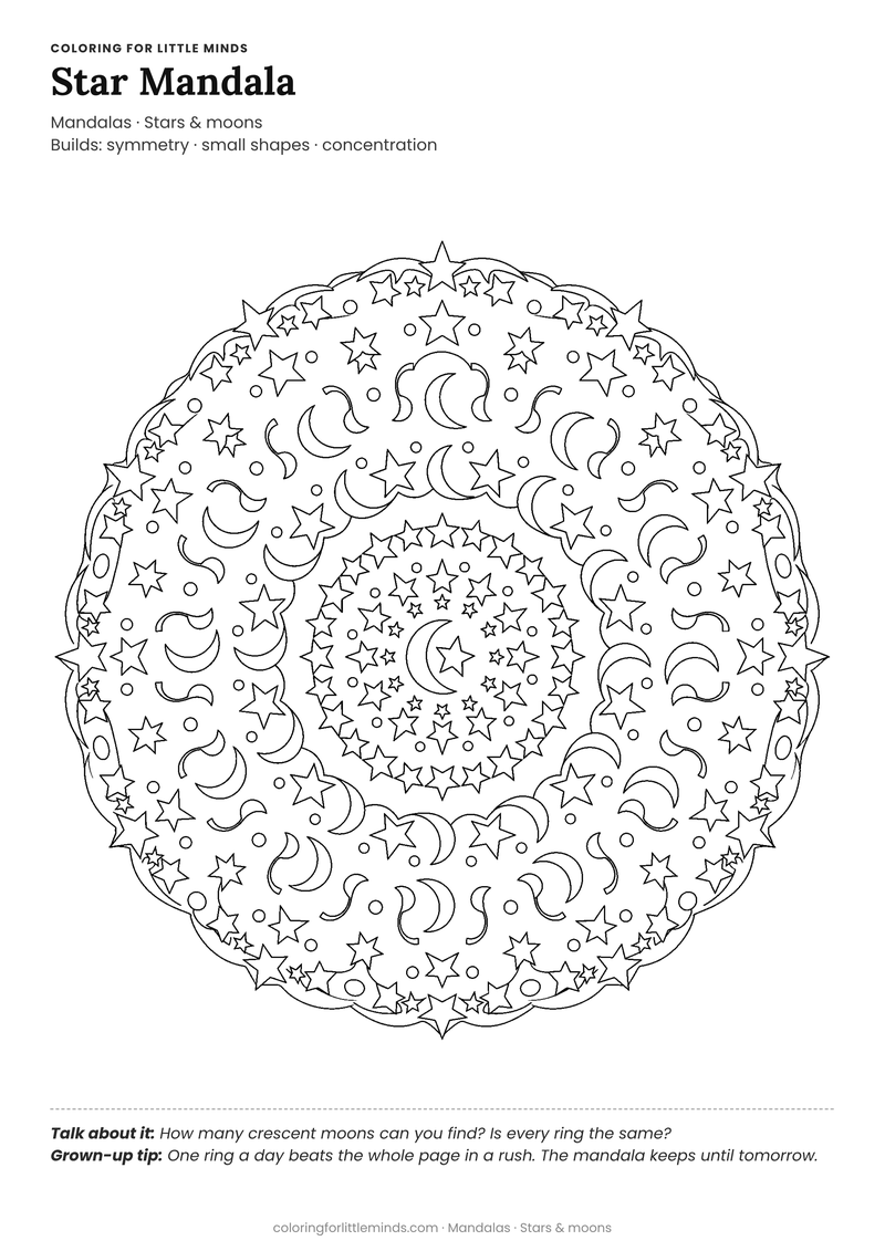 Star mandala coloring page for ages 6–8 — free full-size printable PDF