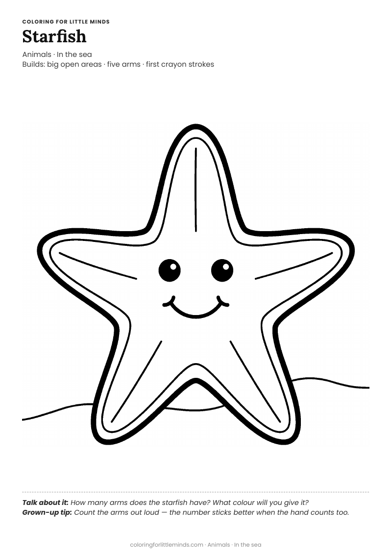 Starfish coloring page for ages 2–3 — free full-size printable PDF