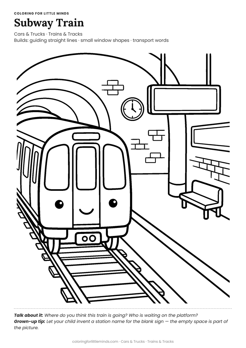 Subway train coloring page for ages 5–6 — free full-size printable PDF