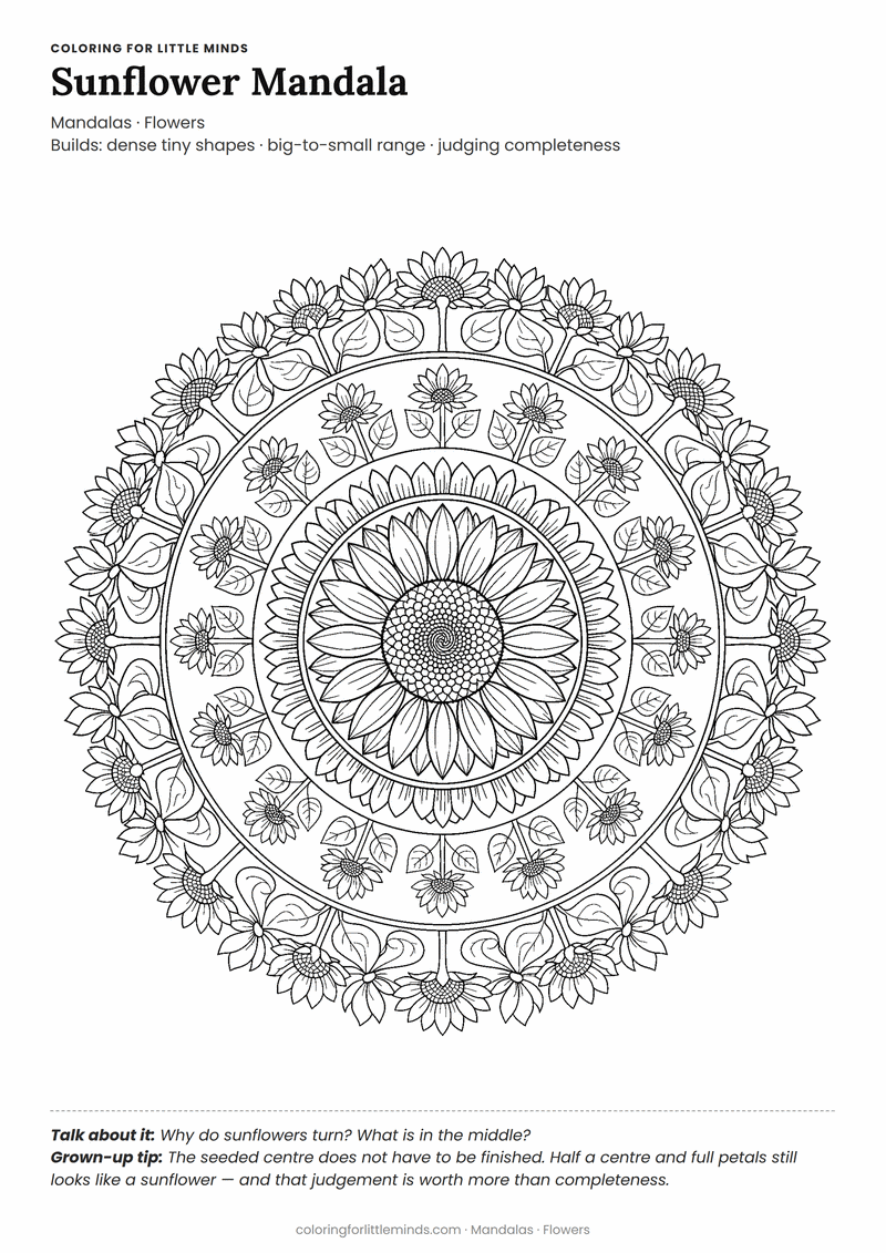 Sunflower mandala coloring page for ages 6–8 — free printable preview