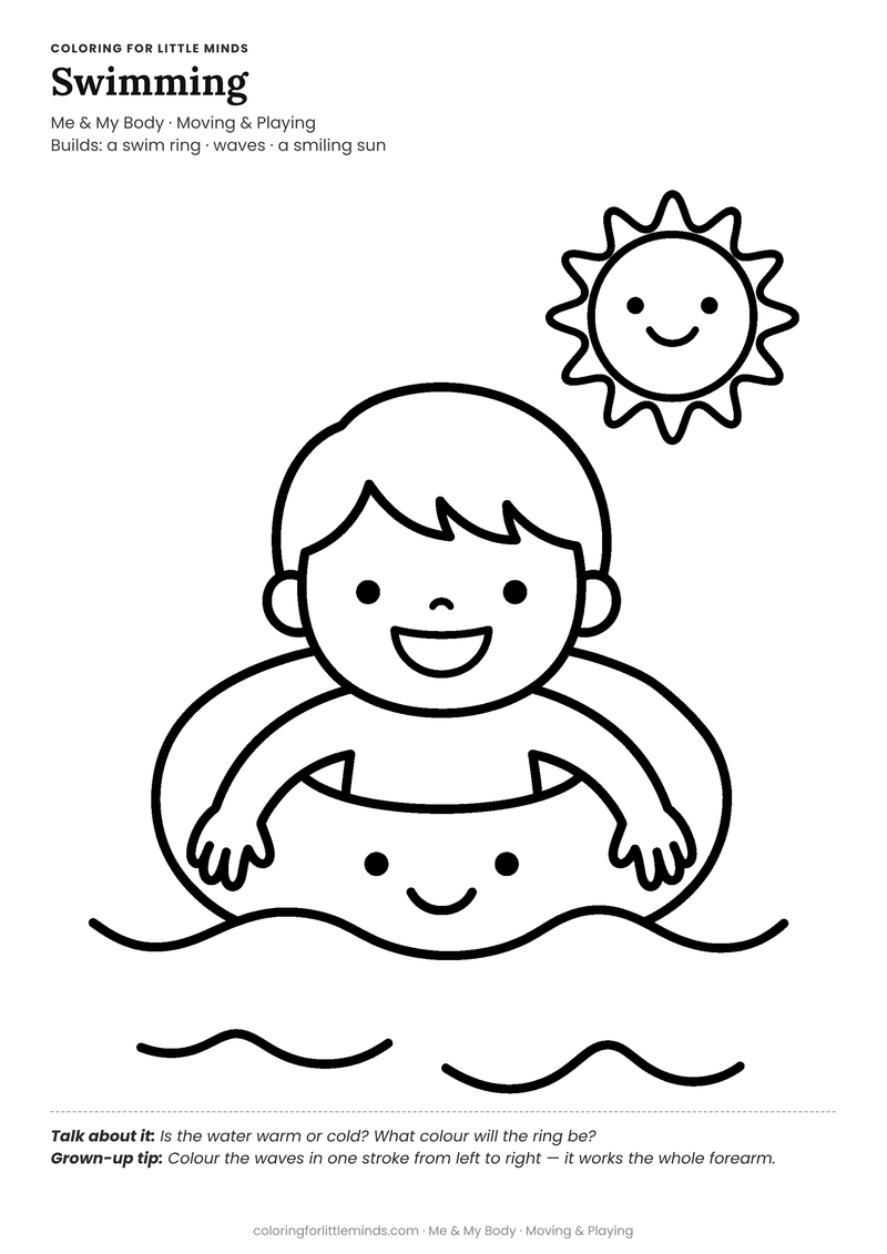 Swimming coloring page for ages 4–5 — free full-size printable PDF