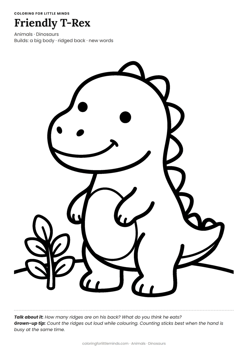 T-rex coloring page for ages 3–4 — free full-size printable PDF