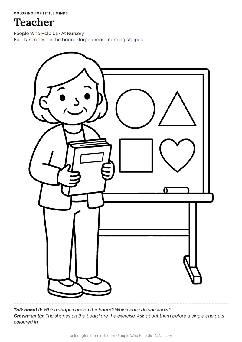 Teacher coloring page for ages 4–5 — free full-size printable PDF