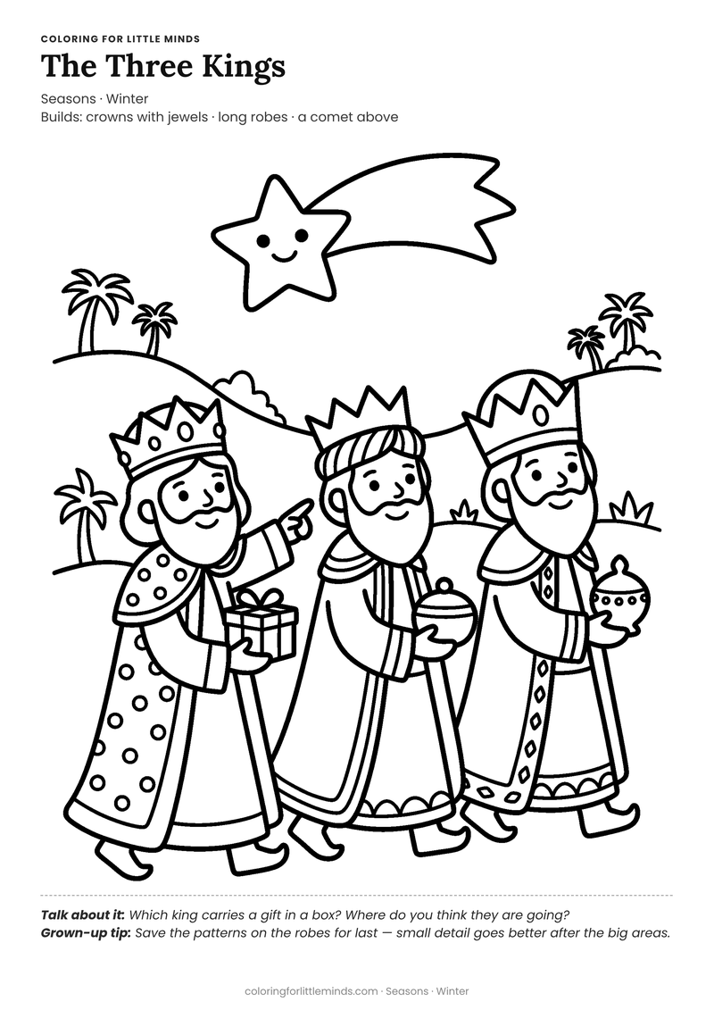 Three kings coloring page for ages 5–6 — free full-size printable PDF