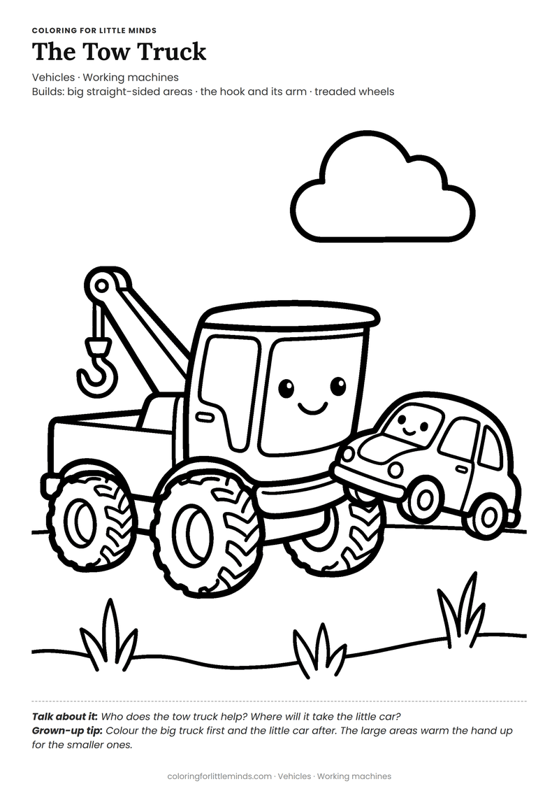 Tow truck coloring page for ages 4–5 — free full-size printable PDF