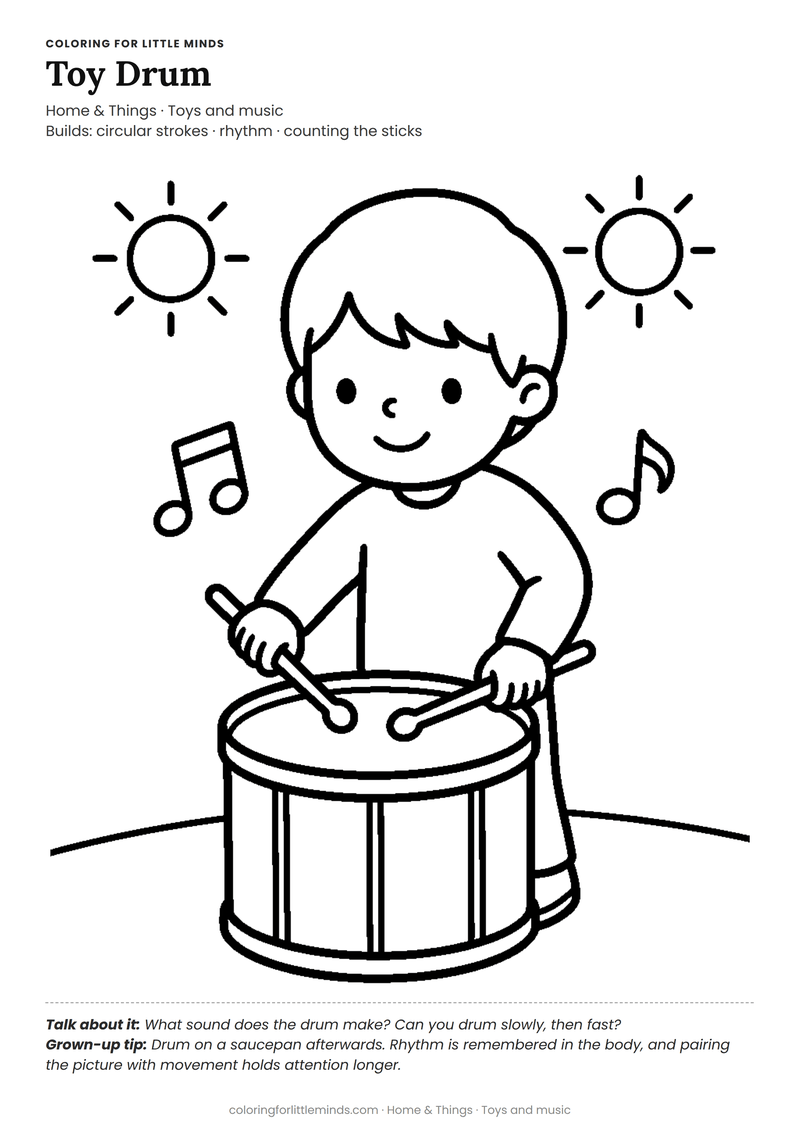 Drum coloring page for ages 3–4 — free full-size printable PDF