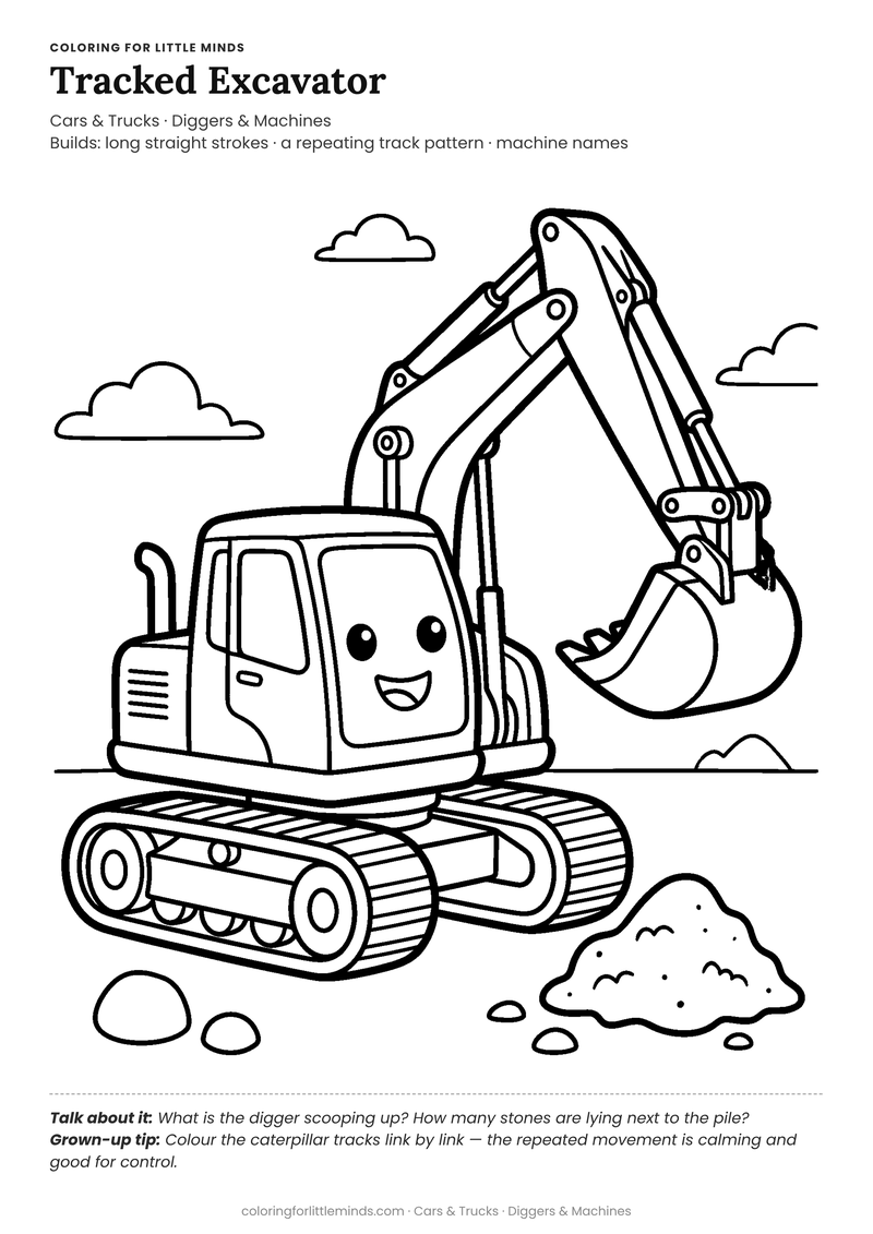 Excavator coloring page for ages 5–6 — free full-size printable PDF