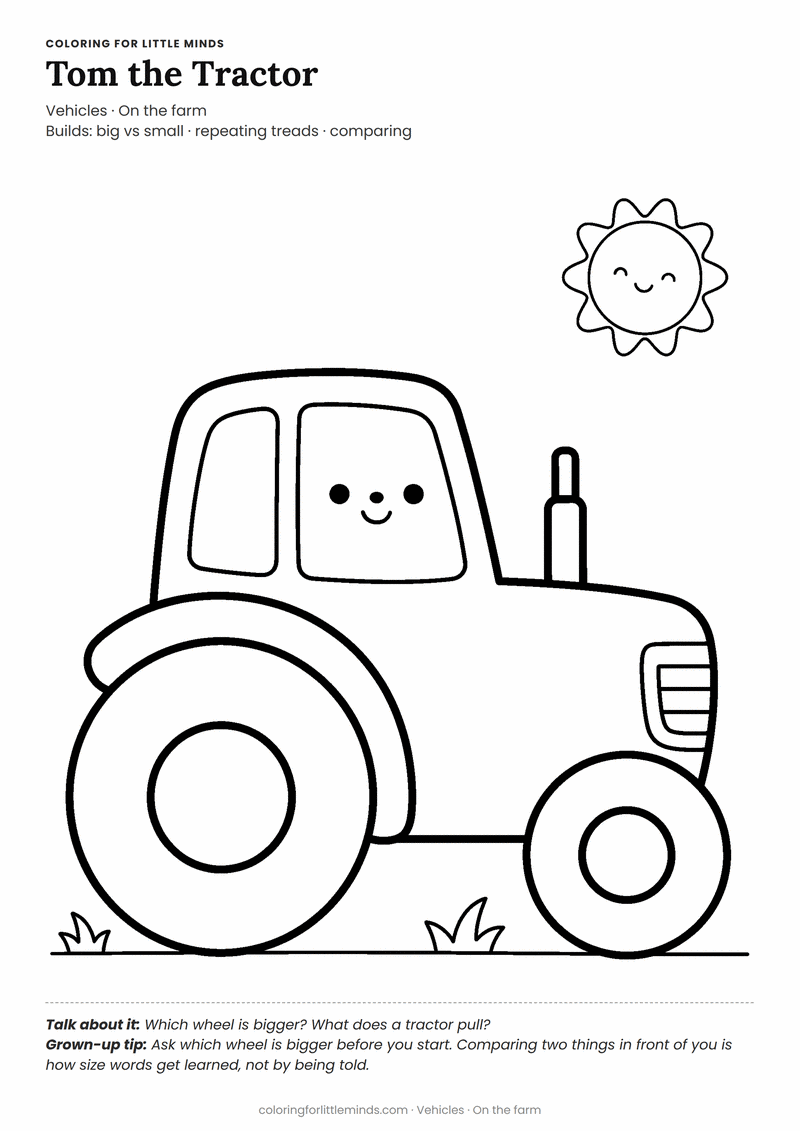 Tractor coloring page for ages 3–4 — free printable preview