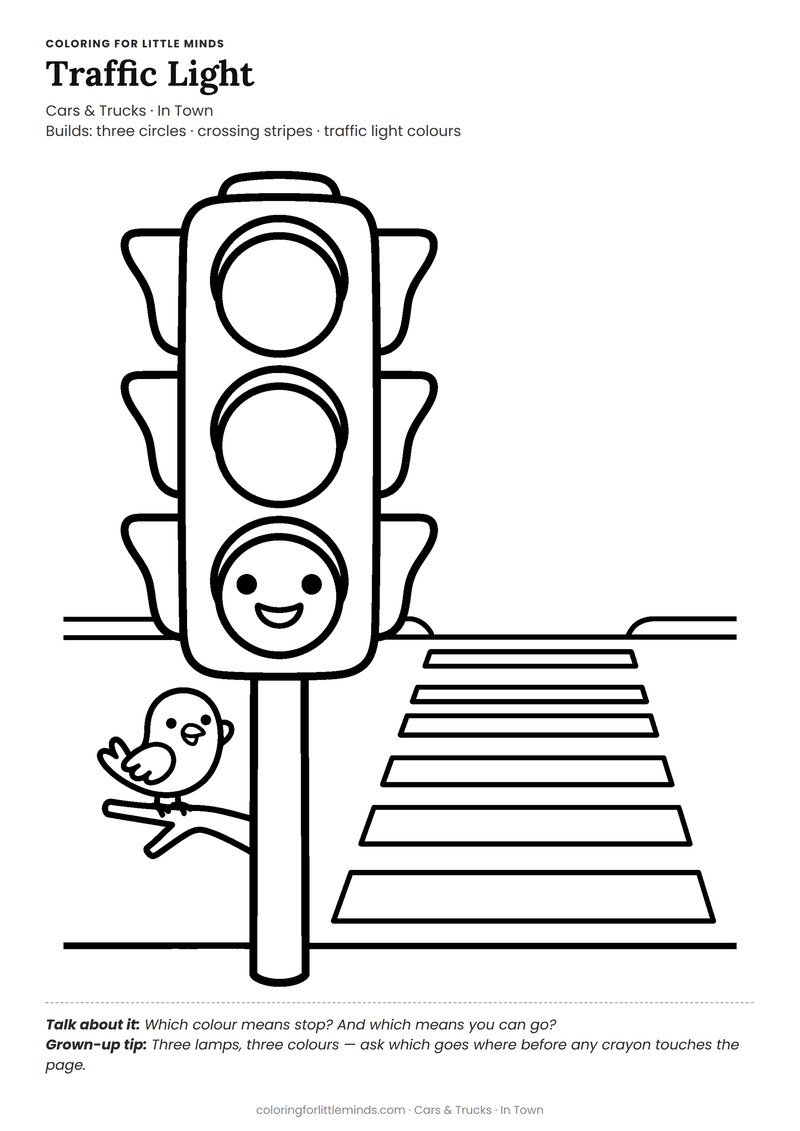 Traffic light coloring page for ages 3–4 — free full-size printable PDF