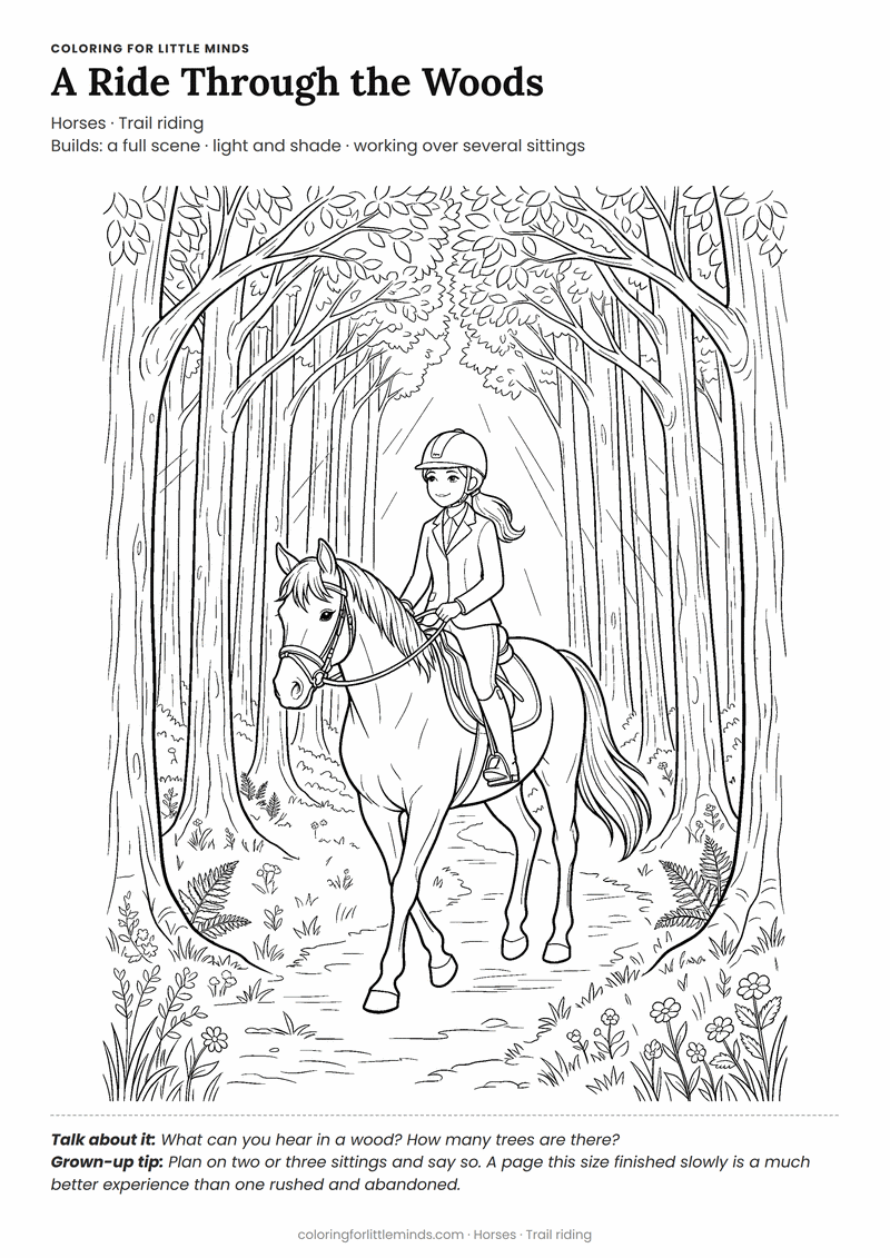Trail ride coloring page for ages 6–8 — free printable preview