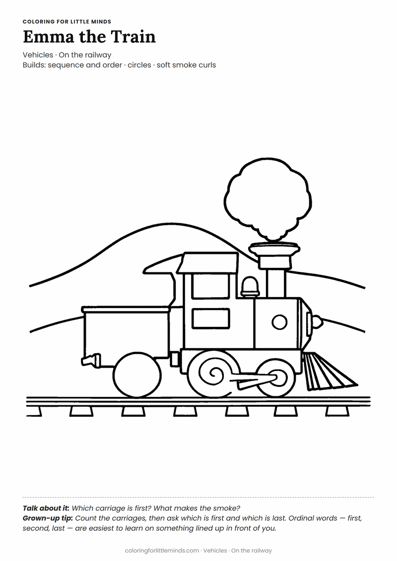 Train coloring page for ages 4–5 — free printable preview
